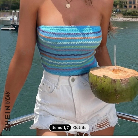 Shein vcay striped blue cropped tube top size XS - Picture 1 of 8